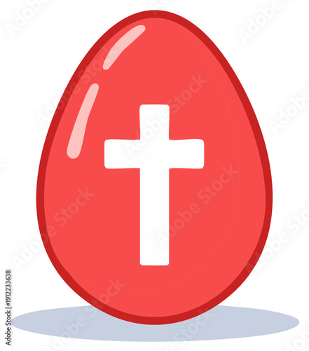 A red Easter egg with a white cross in the center, a symbol of Christ's resurrection.