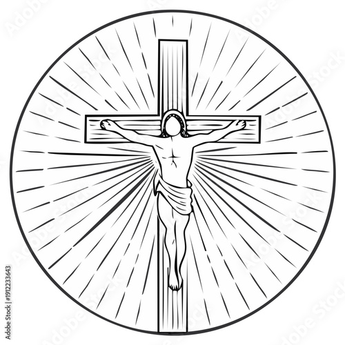 Crucifixion Symbol Illustration Man Nailed to Cross with Sunburst Spiritual Concept Graphic