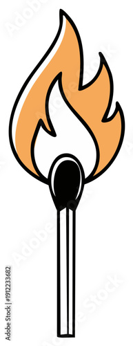 Burning match with flames, illustration of a simple ignited matchstick lighting up, isolated.