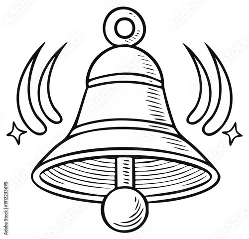 Hand-drawn illustration of a ringing bell with sound waves and sparkles