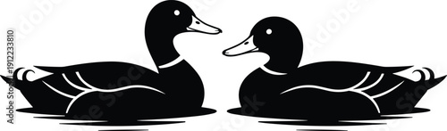 Two duck silhouettes swimming, cute waterfowl pair, black vector illustration, wildlife nature icon, minimalist logo clipart design
