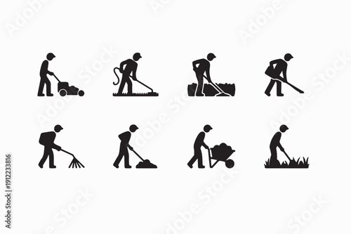 Lawn Maintenance Silhouette Worker Icon Set