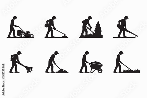 Lawn Maintenance Silhouette Worker Icon Set
