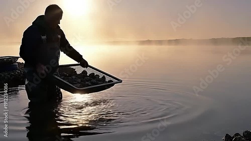Man releasing fish into a serene lake at sunrise.