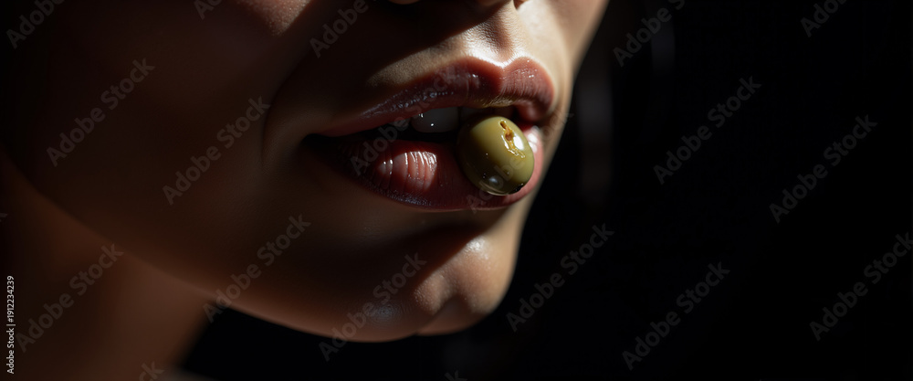 Fototapeta premium Woman holding olive in mouth while in semi-darkness, concept of Imsak