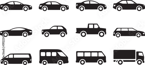 Black silhouettes of various cars and trucks on white background vehicles