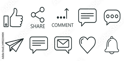 Digital Social Media Engagement Communication Icons Like Share Comment Message Notification Heart Send Modern UI UX
