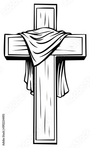 Christian Cross with Drape Symbolizing Faith and Sacrifice Line Art Illustration