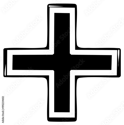 Hand Drawn Black Plus Symbol with Outline on White Background