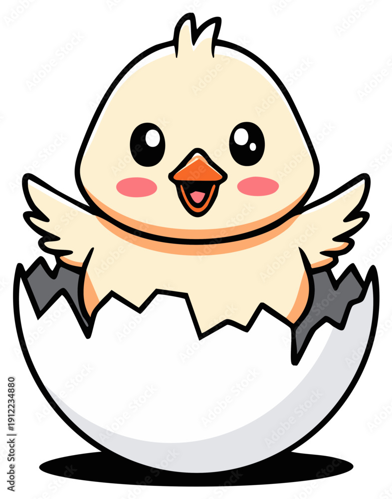 Obraz premium A cute cartoon chicken hatching from a cracked egg. A cheerful illustration suitable for Easter or springtime themes.