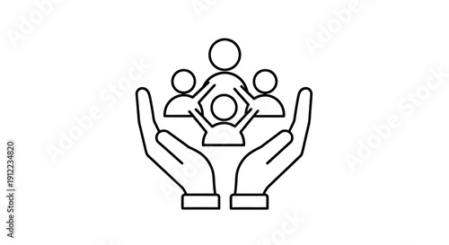 Simple line art illustration of hands holding people icons.