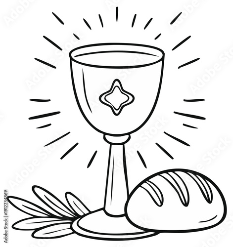 Illustration of holy communion chalice with bread, and branches, black and white.