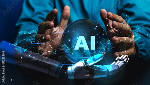 Wallpaper Mural Tech forecasting concept : Shining Ai tech icon display on magic crystal ball sphere with the colorful magic lighting ,Meaning of hope and beautiful world, Safety Ai system ethic and control Torontodigital.ca