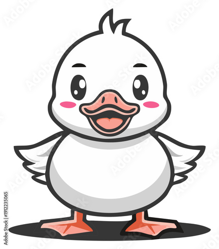 Cartoon duckling with open beak and outstretched wings, cheerful expression
