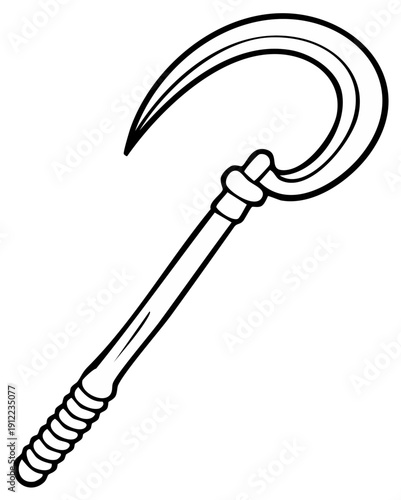 Black and white illustration of a sickle tool with a curved blade and wooden handle for harvesting crops
