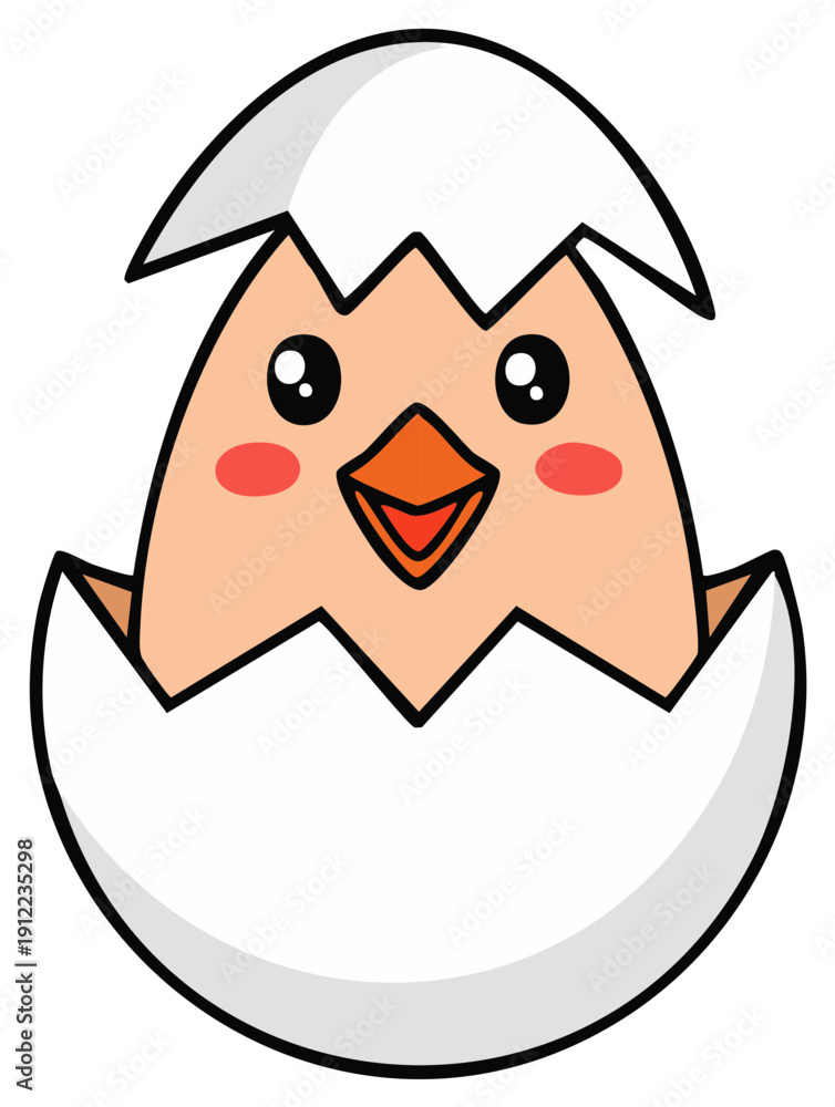 Obraz premium Cartoon chick hatching from eggshell, cute spring Easter illustration