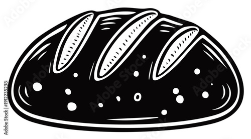 Stylized black and white illustration of a rustic loaf of bread with scored markings and air pockets