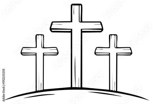 Three wooden crosses on a hillside, illustration