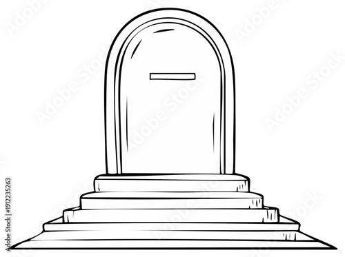 Cartoon outline illustration of a tombstone with a rectangular slot and stepped base
