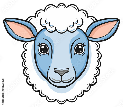Cartoon sheep face illustration with fluffy wool, big eyes, and cute ears