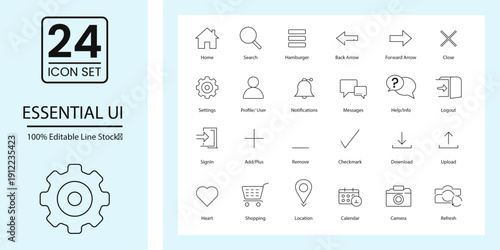 Essential UI line editable set stock icon set. Refresh, Location, Shopping, Notifications, Settings, Close, Back Arrow, Hamburger, Search, Home