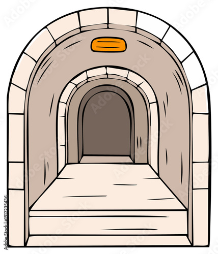 Arched medieval stone tunnel entrance leading into a mysterious dark passage or an old castle dungeon