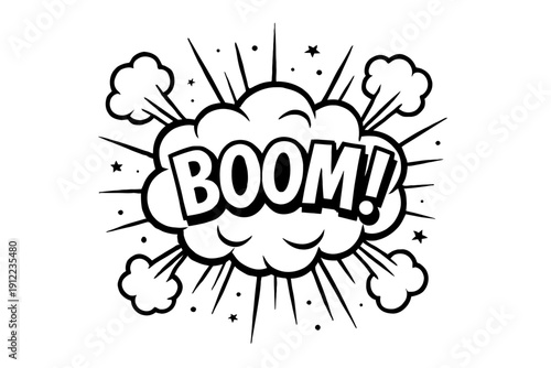 Boom! Comic Blast Vector Illustration - Dynamic Typography with Smoke Cloud, Star Particles, and Sparks for Action, Pop Art, and Comic Designs - Outlined Impact Graphic