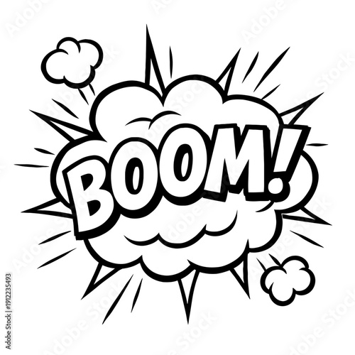 Boom Comic Blast Vector Illustration - Action Typography with Smoke Cloud and Impact Sparks for Pop Art, Comic Books, and Dynamic Designs - Outlined Impact Graphic