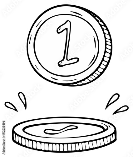 Cartoon coin one number falling down with water splash illustration.