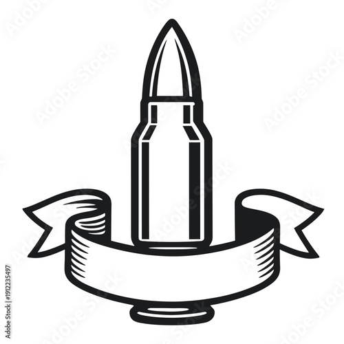 Bullet Ammunition Emblem with Blank Ribbon Banner - Retro Style Firearm Cartridge Vector for Shooting Sports, Hunting Clubs, and Tactical Logos. Black and White Graphic Isolated on White.