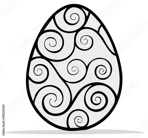 Decorative Easter egg design with ornate swirling lines and shapes in a simple grayscale color palette