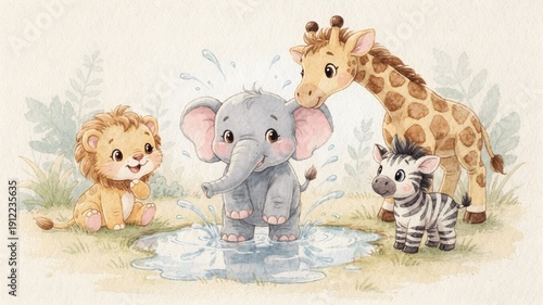 Charming baby safari animals in a soft pastel watercolor jungle