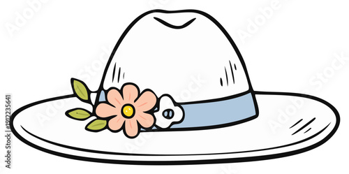 Whimsical wide-brimmed hat adorned with delicate flowers and leaves, perfect for spring and summer fashion