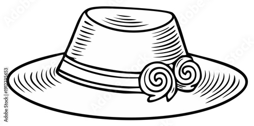 Elegant summer straw hat with flowers. Vintage lady fashion headdress outline vector graphic