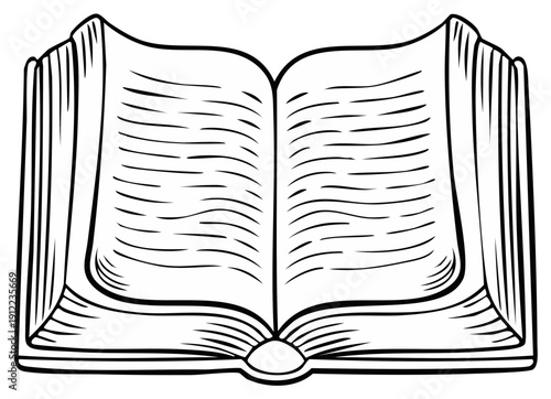 Open antique book with aged pages and text lines, black and white illustration