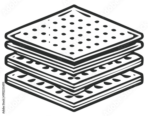 Stack of square crackers with perforated patterns and layered texture isometric view