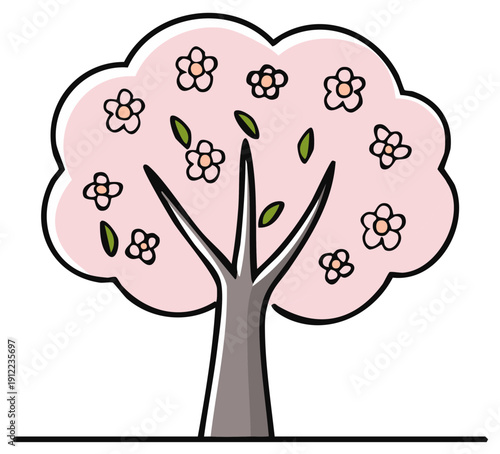 Charming spring tree with delicate pink blossoms and green leaves a simple cartoon illustration.