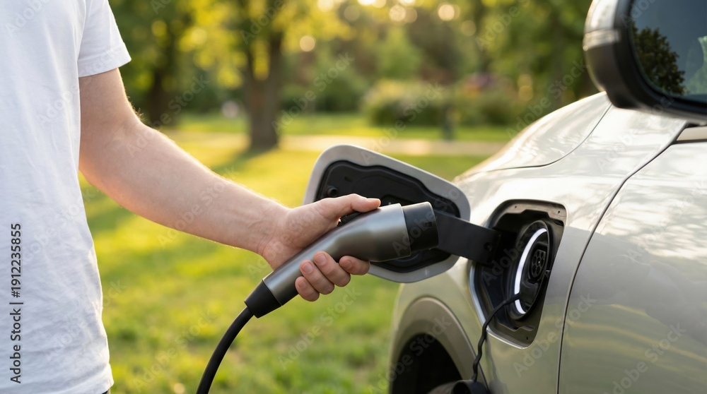 Obraz premium Sustainable daily routine, close-up of a person plugging in a cable for electric car charging