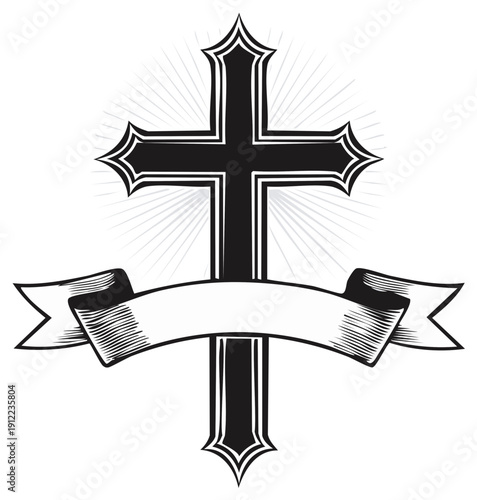 Ornate Christian Cross with Ribbon Banner and Rays of Light Black and White