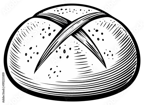 Round Bread Loaf with Cross Cut on Top in Engraving Style