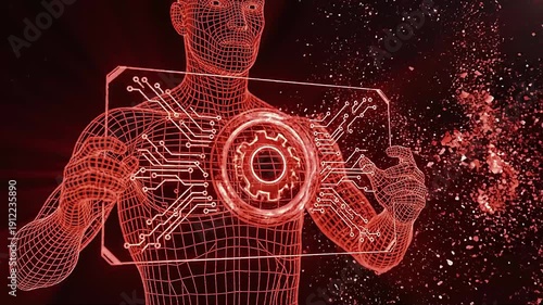 Futuristic humanoid figure with digital circuitry and gear.