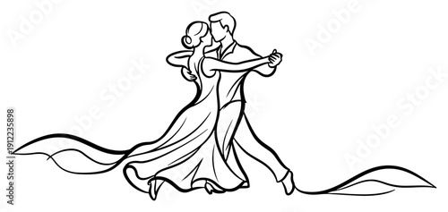 Ballroom Dance Couple Waltz Line Art Vector Illustration