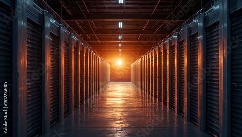Storage Unit Corridor With Lights at Sunset in a Modern Facility