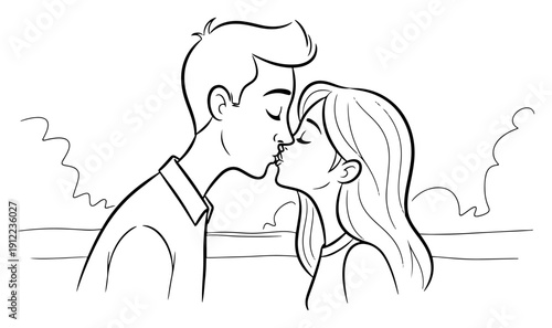 Young couple sharing a kiss by the seaside – modern minimalist line art vector illustration