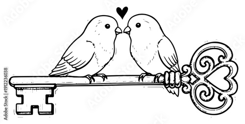 Pair of lovebirds perched on an ornate heart key – romantic vintage line art vector illustration