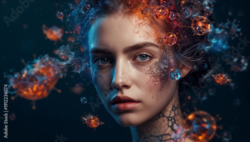 Young Woman With Artistic Designs and Colorful Effects on a Dark Background