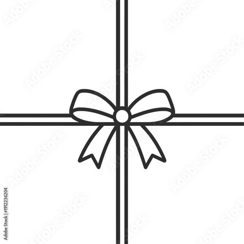 Minimalist Gift Ribbon Bow with Vertical Band Outline Vector - Simple Black Line Art Icon for Birthday Presents, Festive Packaging, and Clean Greeting Card Layouts