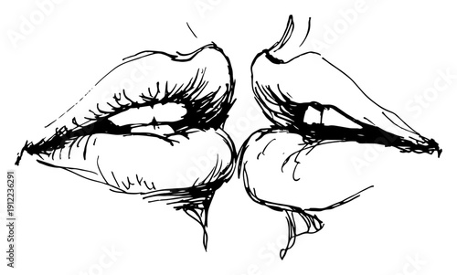 Hand drawn kissing lips sketch sensual mouth couple romance illustration vector