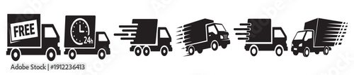 Minimal black silhouette delivery truck icons featuring free shipping, 24-hour service, and express speed lines for modern e-commerce logistics.