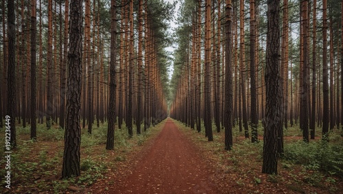 Tall Trees Line a Dirt Path in a Dense Forest During the Day With a Soft Ligh...